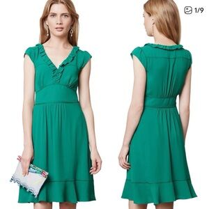 NWT - Anthropologie Maeve Della Ruffled Emerald Green Midi Dress
